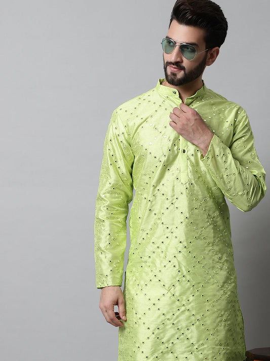 Jompers Men's Lime Green Embroidered Mirror Work Dupion Silk Kurta with Pyjamas