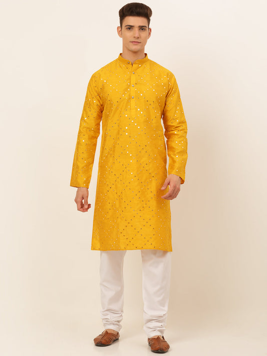 Jompers Men's Dupion Silk Embroidered Kurta Pyjama Set - Mustard