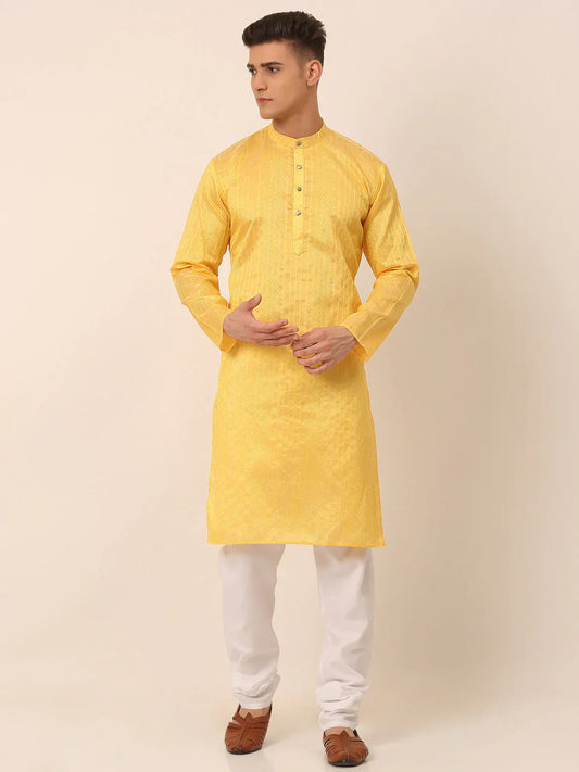 Jompers Men's Silk Blend Sequence Embroidered Kurta Pyjama Set - Yellow