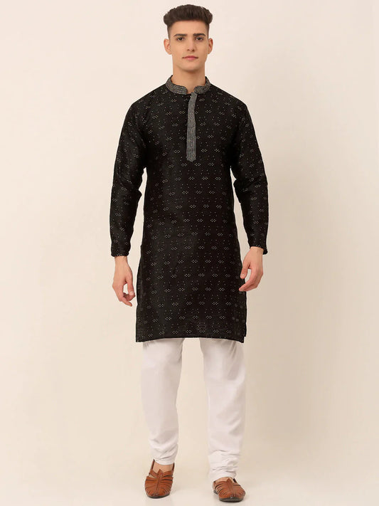 Jompers Men's Silk Blend Collar Embroidered Kurta Pyjama Set - Black