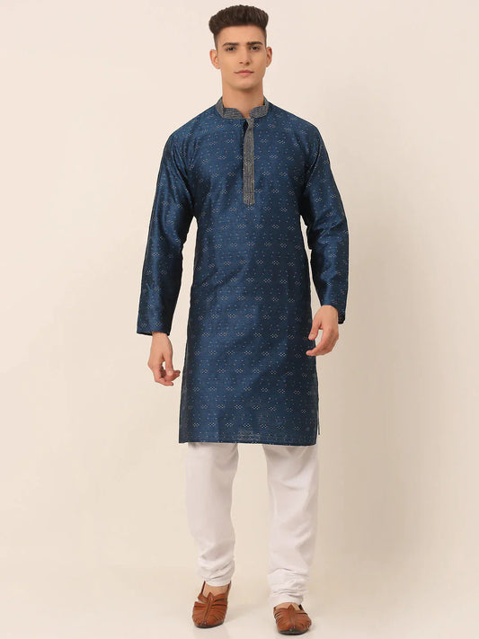 Jompers Men's Silk Blend Collar Embroidered Kurta Pyjama Set - Peacock