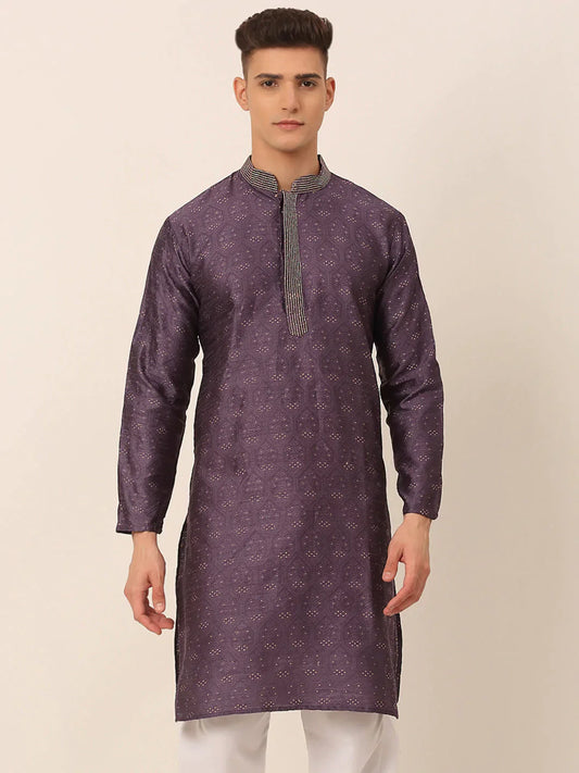 Jompers Men's Silk Blend Collar Embroidered Kurta only - Purple