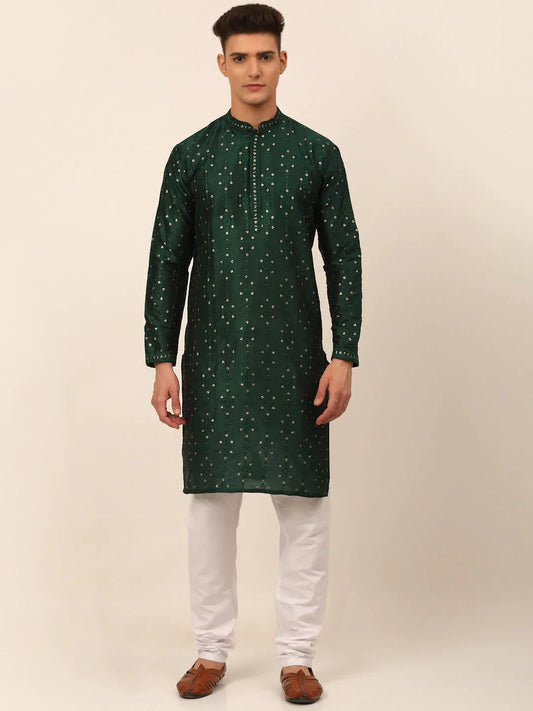Jompers Men's Silk Blend Collar Embroidered Kurta Pyjama Set - Green