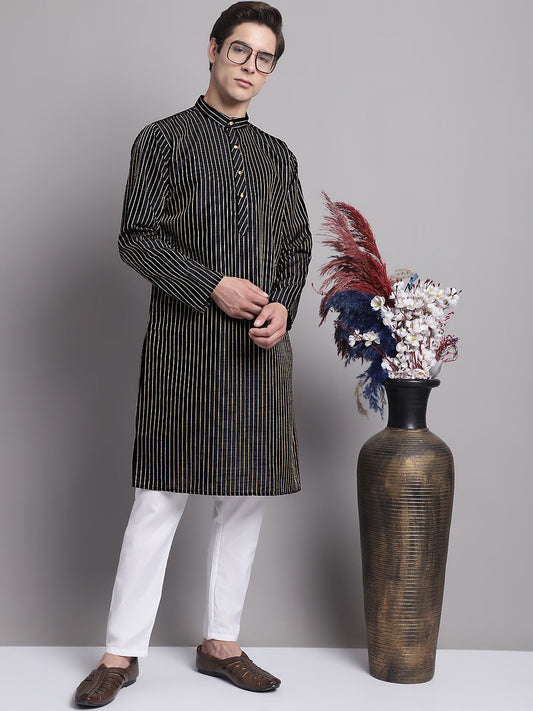 Jompers Men's Black Embroidered Design Kurta with Pyjamas