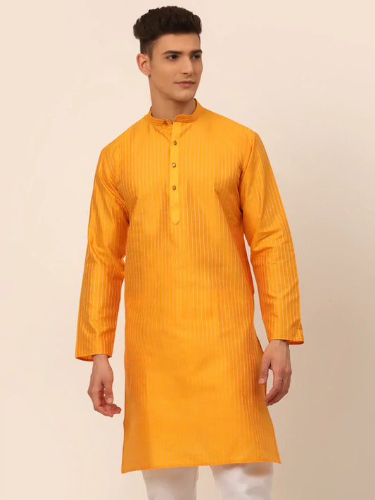 Jompers Men's Mustard Striped Pleated Chikankari Kurta Only