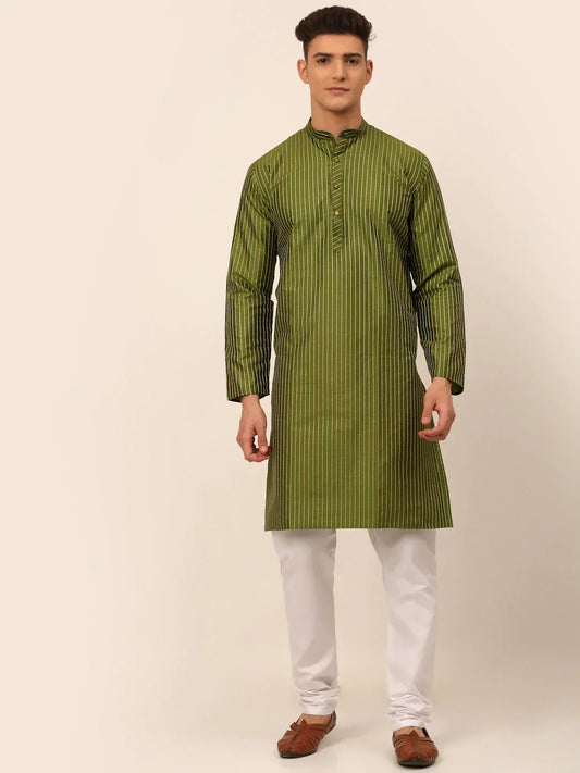 Jompers Men's Olive Green Striped Pleated Chikankari Kurta pyjama Set