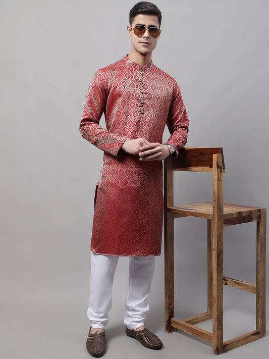 Jompers Men's Ethnic Maroon Woven Design Kurta with Pyjamas
