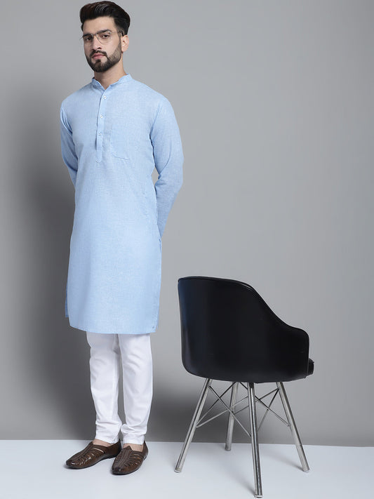 Jompers Men's Solid Pure Cotton Kurta With Pyjamas - Sky Blue
