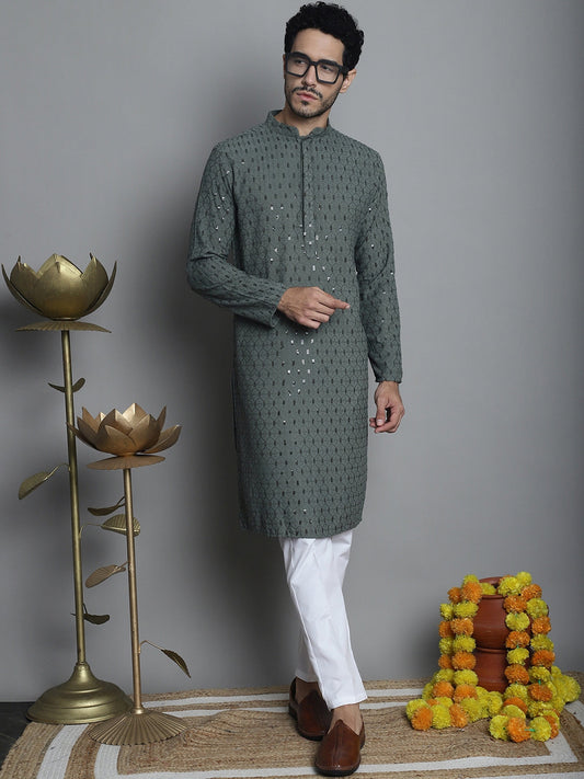 Jompers Men's Chikankari Embroidered and Sequence Kurta with Pyjama - Sea-Green