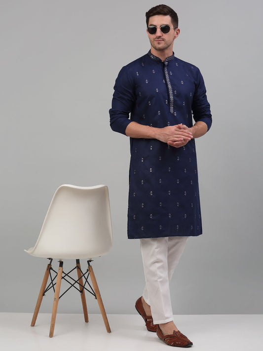 Jompers Men's Navy Blue Embroidered Straight Kurta Pyjama Set