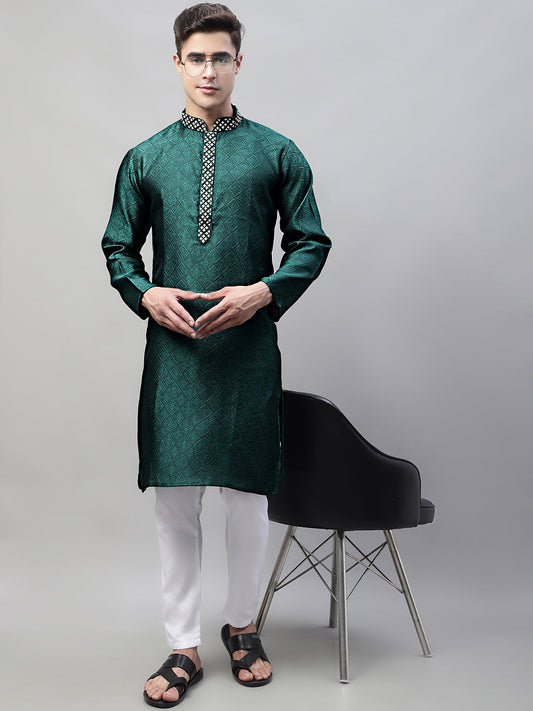 Jompers Men's Olive Green Collar Embroidered Silk Jacquard Kurta Pyjama