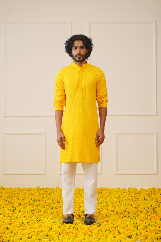 Jompers Men's Yellow Chikankari Embroidered and Sequence Kurta