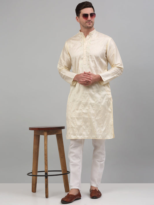 Jompers Men's Cream Embroidered Kurta with Pyjama