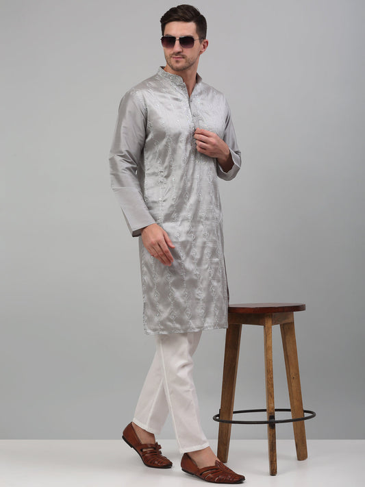 Jompers Men's Grey Embroidered Kurta with Pyjama
