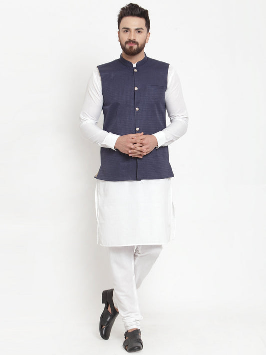 Jompers Men's Solid Cotton Kurta Pajama with Woven Jacquard Waistcoat (Navy)