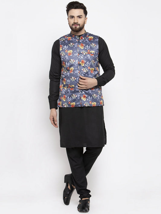 Jompers Men's Solid Cotton Kurta Pajama with Printed Waistcoat (Gray-B)