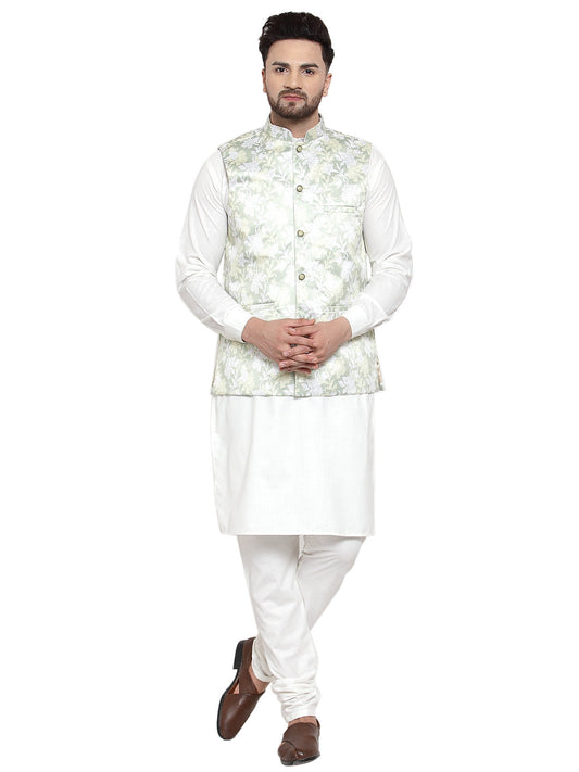 Jompers Men's Solid Cotton Kurta Pajama with Printed Waistcoat (Lime-W)