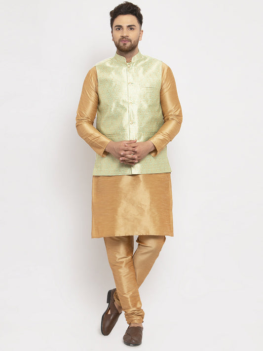Jompers Men's Solid Dupion Kurta Pajama with Woven Jacqaurd Waistcoat (Lime-G)