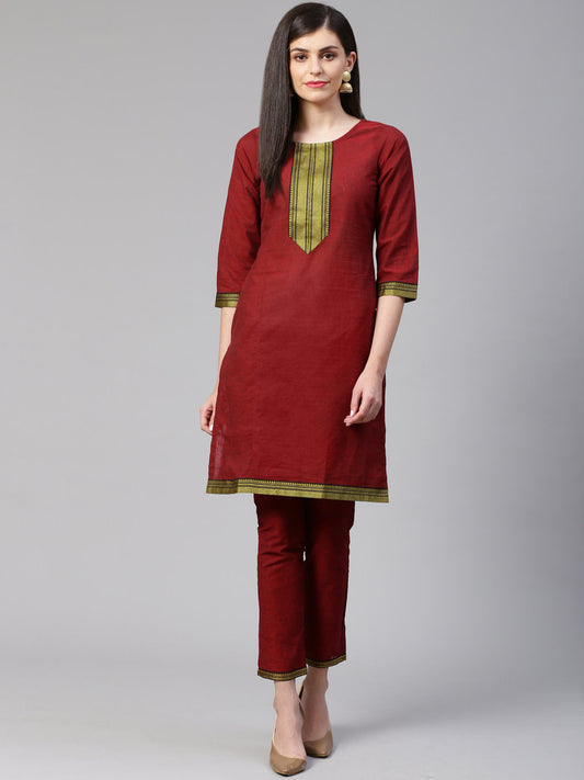 Jompers Women Maroon Yoke Design Kurta with Trousers