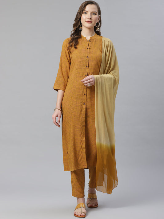 Jompers Women Mustard & Beige Self Checked Kurta with Trousers & Dupatta