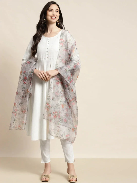 Jompers Women's Sequinned Kurta with Trousers & With Dupatta - White