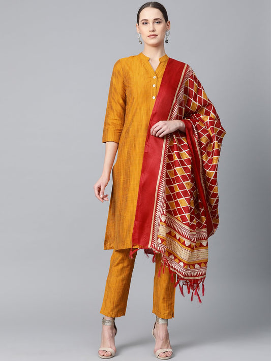 Jompers Women Mustard & Red Self-Striped Kurta with Trousers & Dupatta
