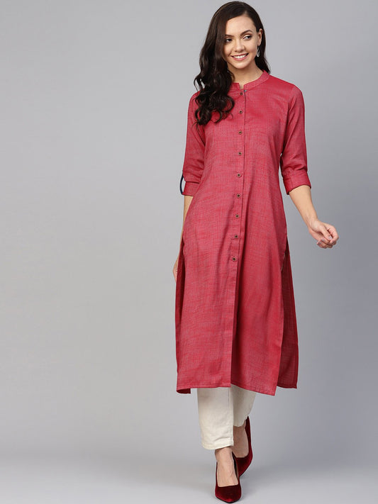 Jompers Women Maroon Woven Design Straight Rayon Kurta with Trousers