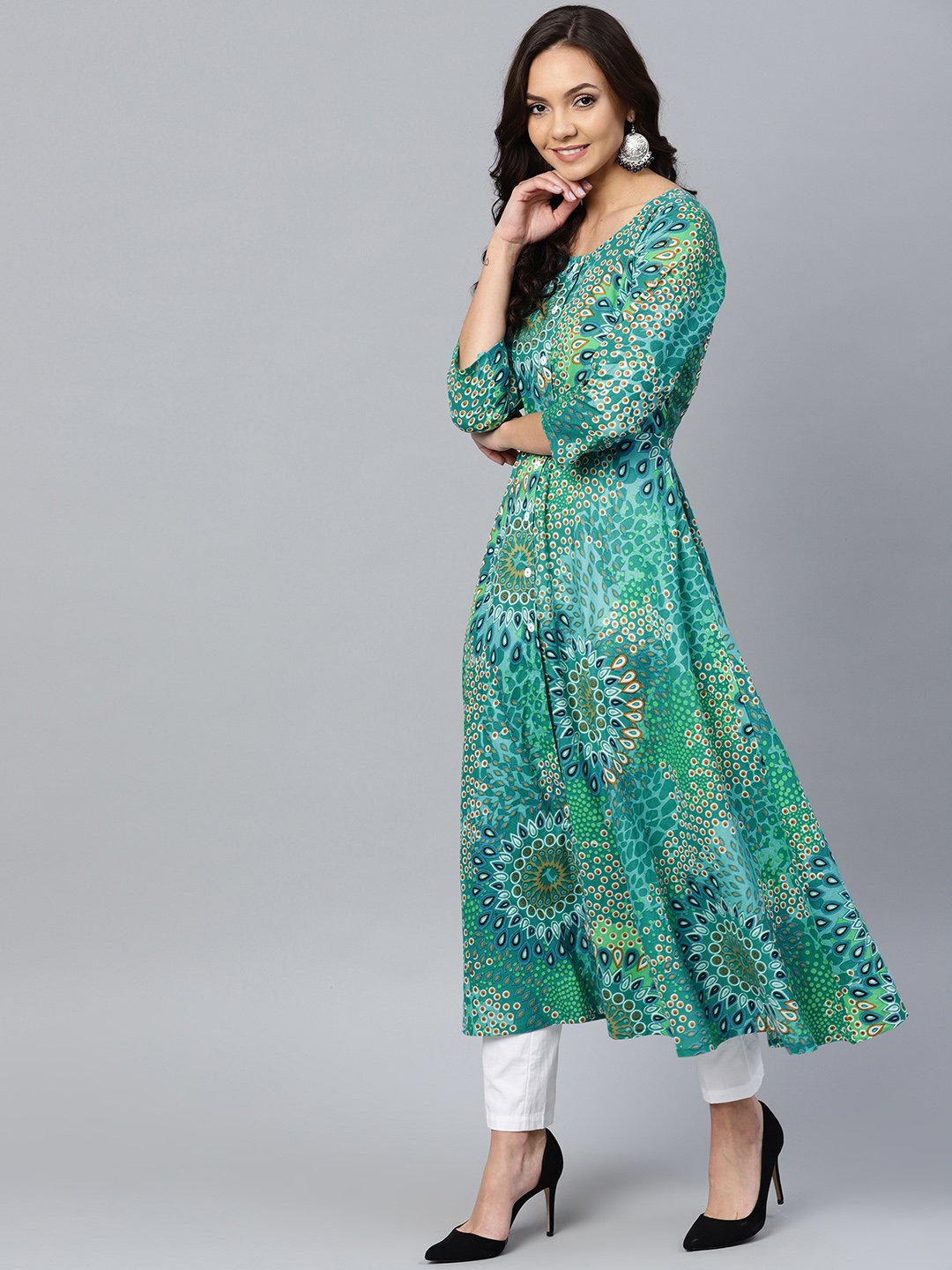 Jompers Women Green & White Printed Flared Kurta - Grab2buy