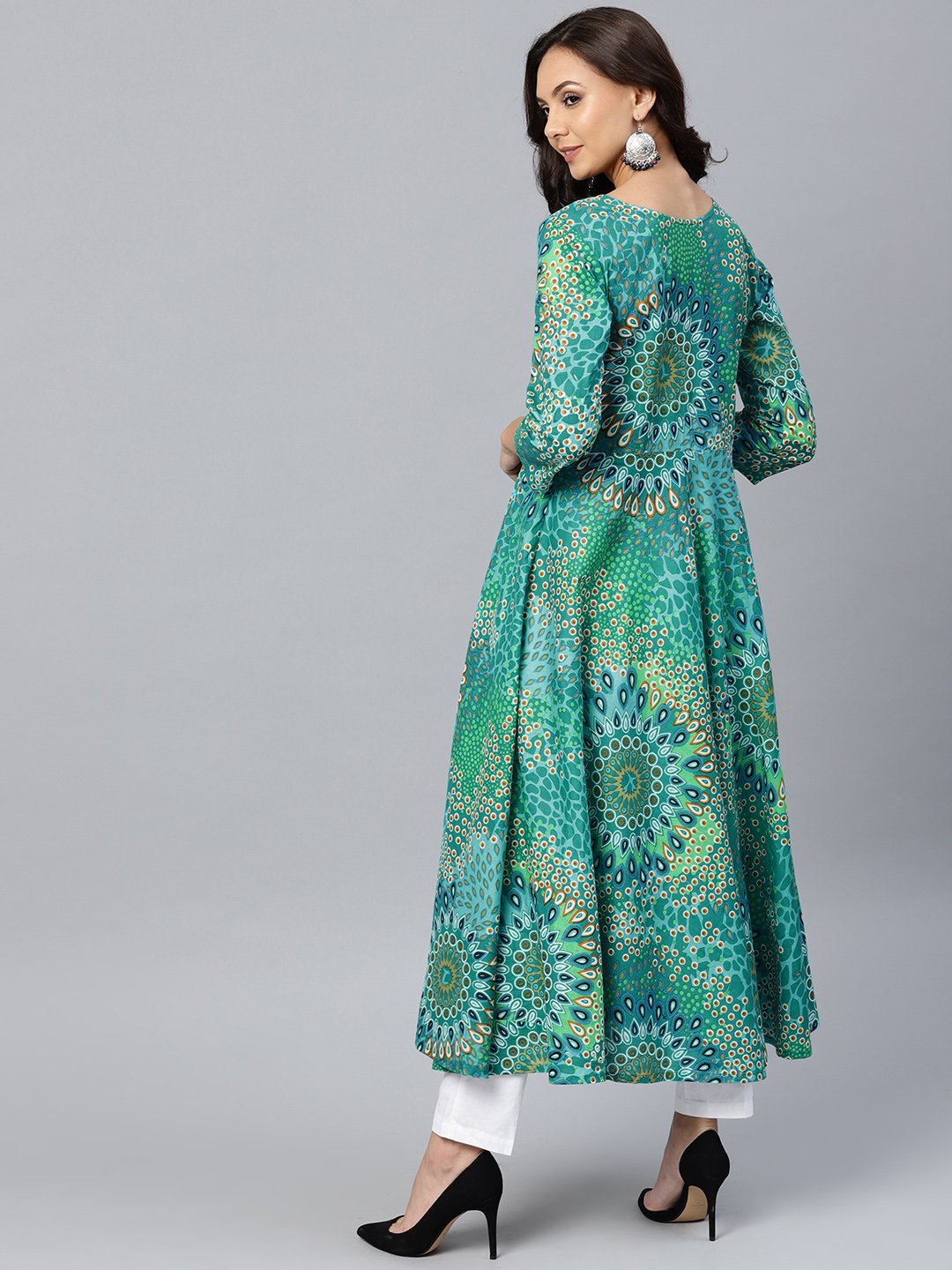 Jompers Women Green & White Printed Flared Kurta - Grab2buy