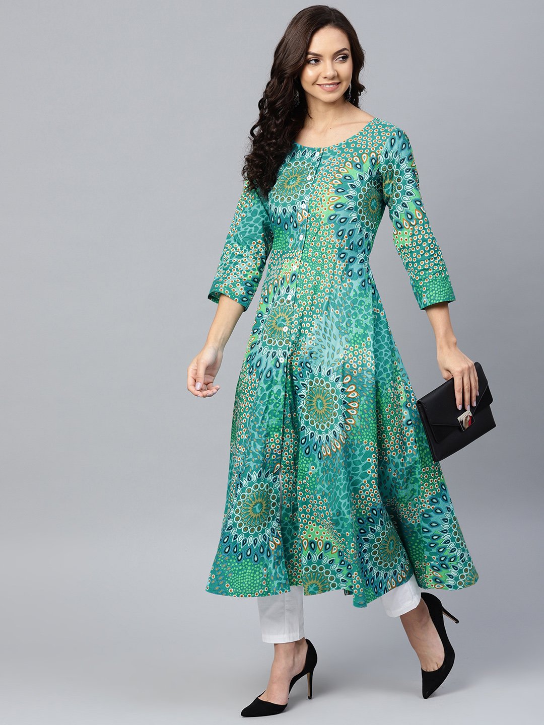 Jompers Women Green & White Printed Flared Kurta - Grab2buy