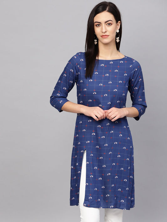 Jompers Women Blue & Off-White Checked Straight Kurta