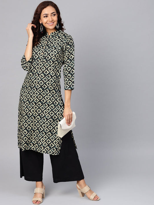 Jompers Women Cream-Coloured & Black Printed Straight Kurta