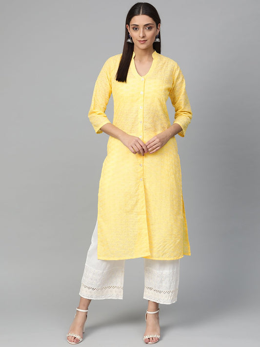 Jompers Women Yellow Chikankari Embroidered Semi-Sheer Straight Kurta