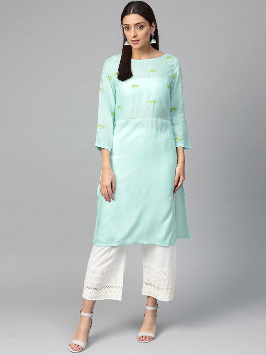 Jompers Women Blue Yoke Design Straight Kurta (Aqua)