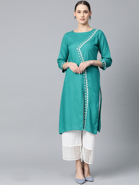 Jompers Women Rama Green Embroidered Straight Kurta