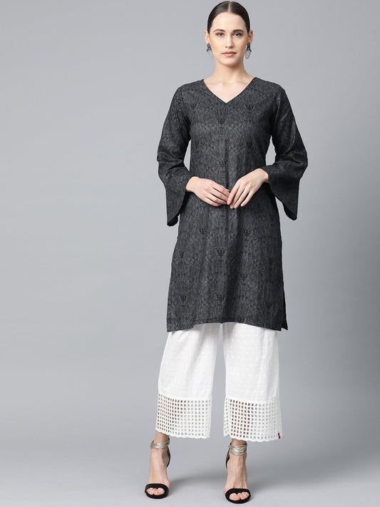 Jompers Women Charcoal Grey & Black Printed Straight Kurta