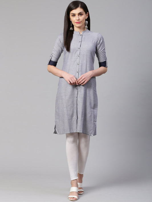 Jompers Women Grey & Blue Jacquard Woven Design Straight Kurta