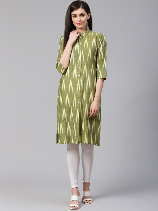 Jompers Women Green & Cream-Coloured Ikkat Woven Design Straight Kurta