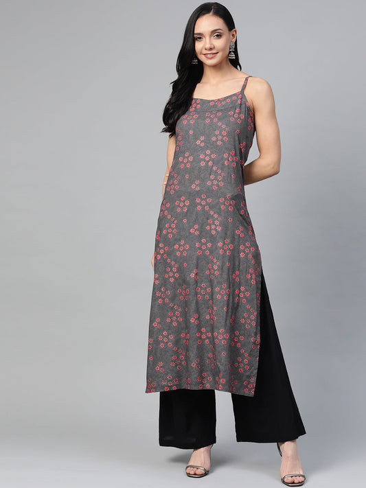 Jompers Women Charcoal Grey & Pink Printed Straight Kurta