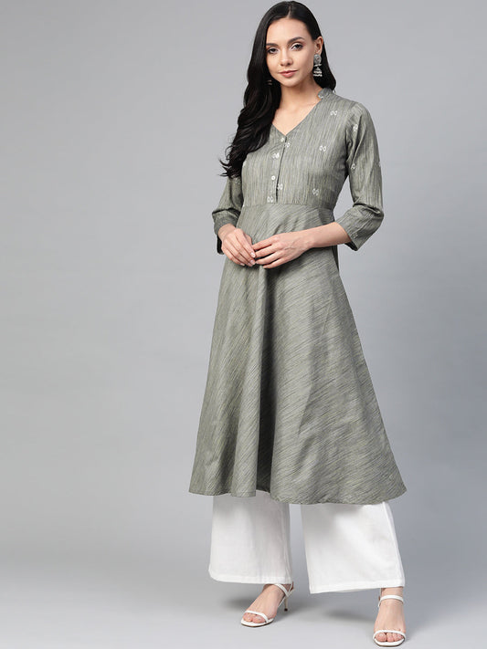Jompers Women Grey Woven Design Flaired Kurta