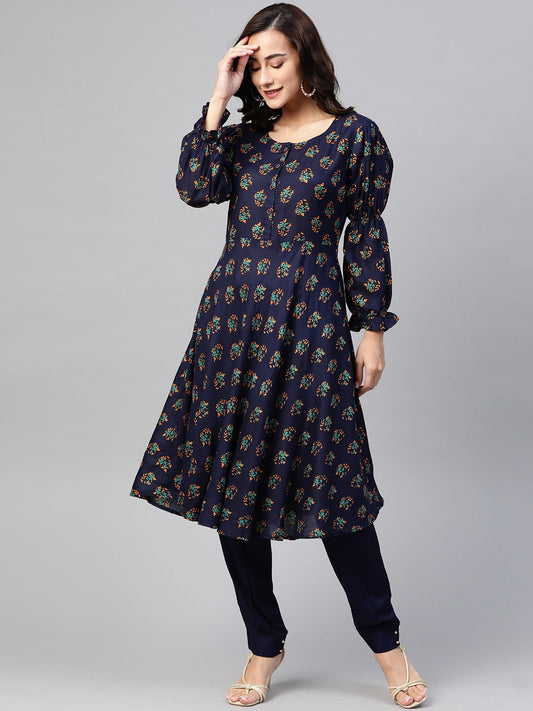 Jompers Women Navy & Mustard Yellow Floral Printed A-Line Kurta