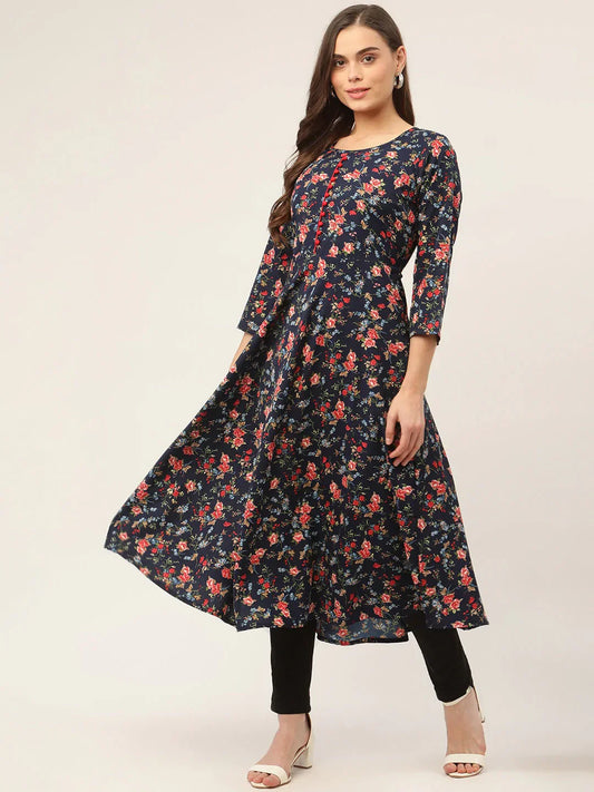 Jompers Women's Navy Blue Flared Printed kurta