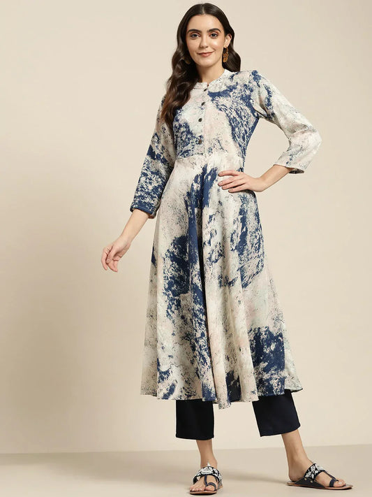 Jompers Women's Navy Blue & Pink Printed Anarkali Kurta