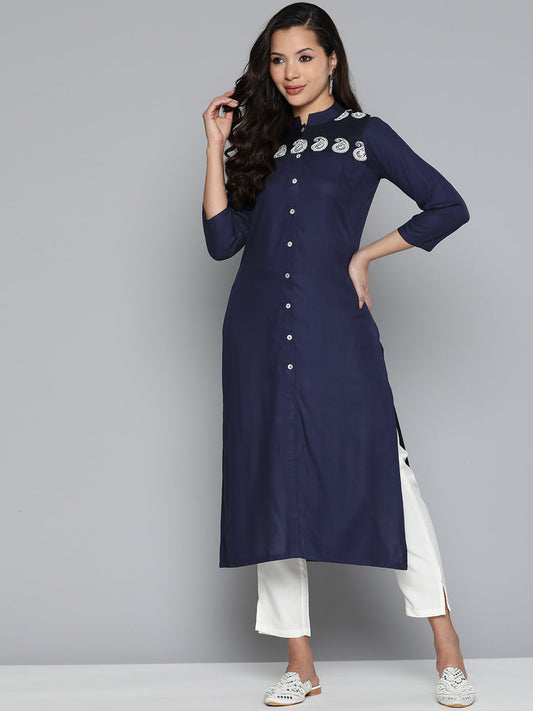 Jompers Women's Paisley Embroidered Chikankari Navy Kurta | Grab2Buy