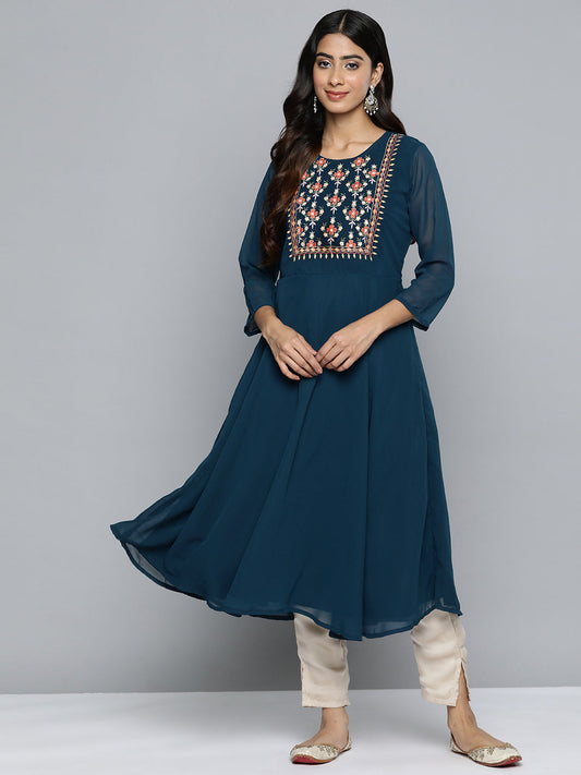 Jompers Women's Floral Embroidered Thread Work Floral Georgette Anarkali Kurta - Teal