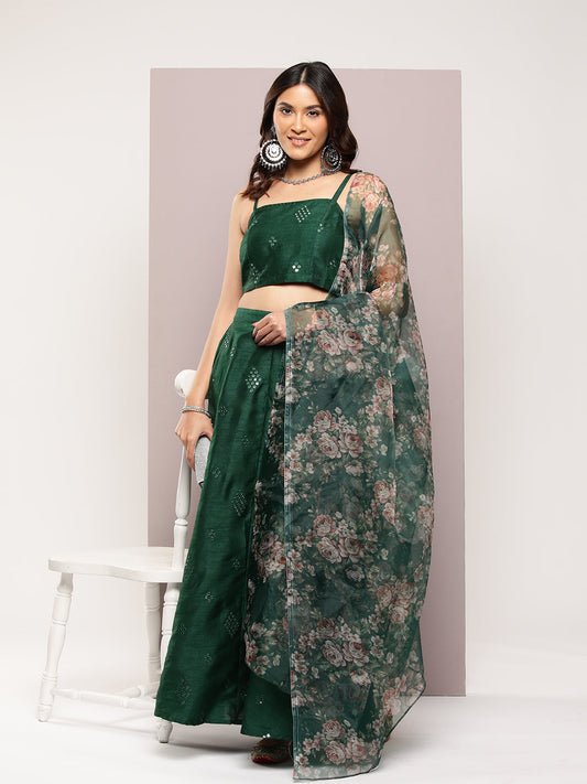 Jompers Women's Mirror Work Lehenga Choli With printed Organza dupatta - Green