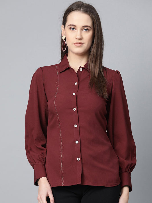 Jompers Women Maroon Regular Fit Crinkled Effect Casual Shirt