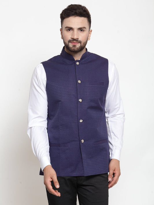 Jompers Men Navy-Blue Woven Design Nehru Jacket