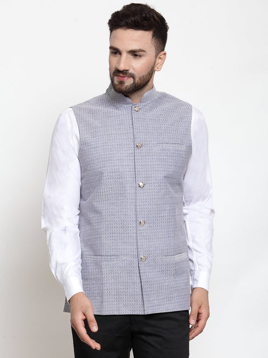 Jompers Men Steel-Blue Woven Design Nehru Jacket