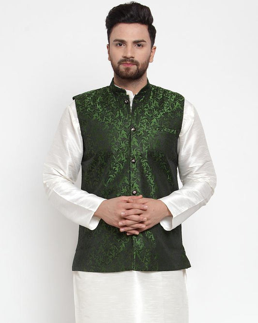 Jompers Men Green-Coloured & Black Woven Design Nehru Jacket (Mehndi)